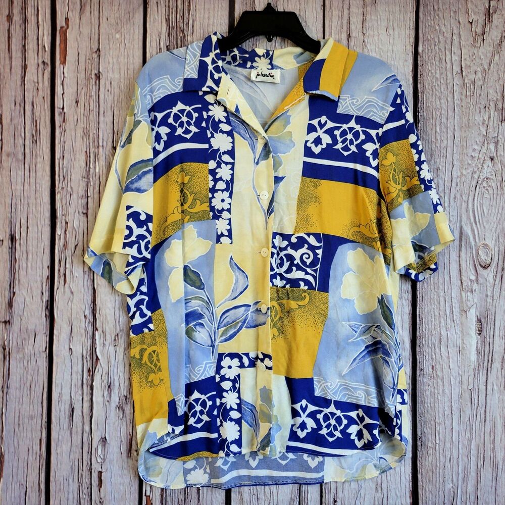 Jo Hardin Vintage 1980s Blouse Womens Shirt Patchwork Rayon Button Beach Aloha